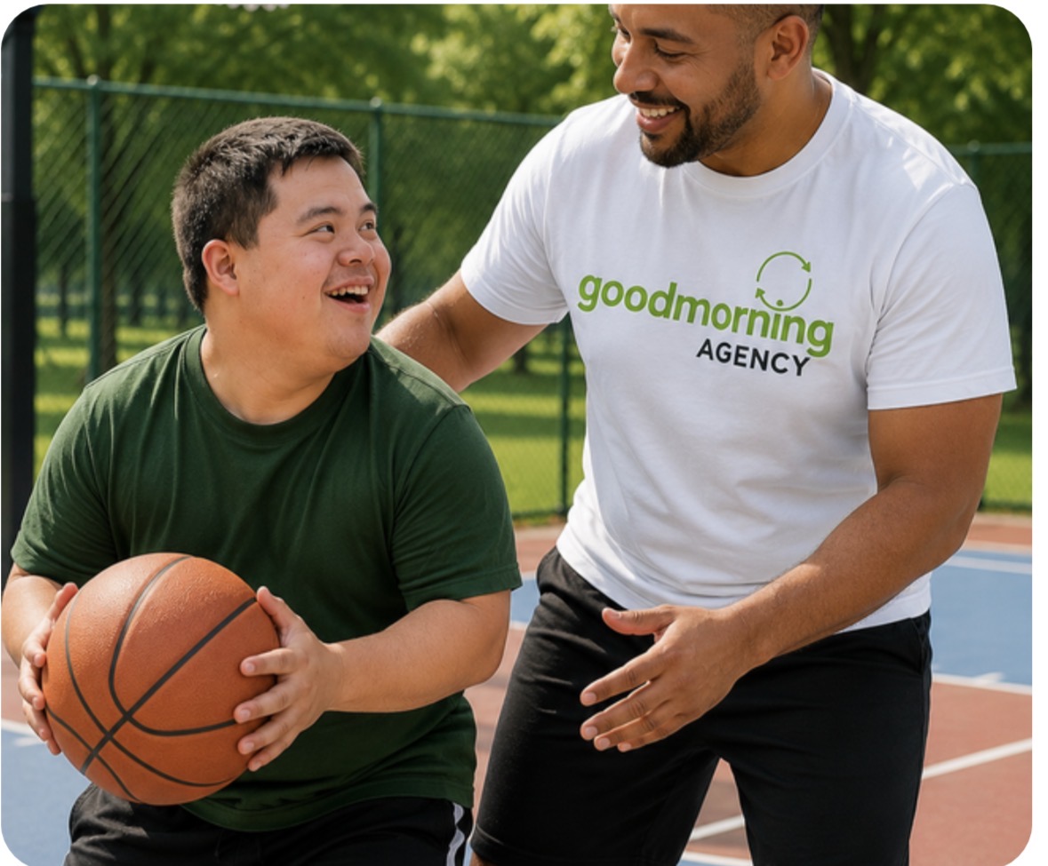 A Good Morning Agency staff member playing basketball outdoors with a young man