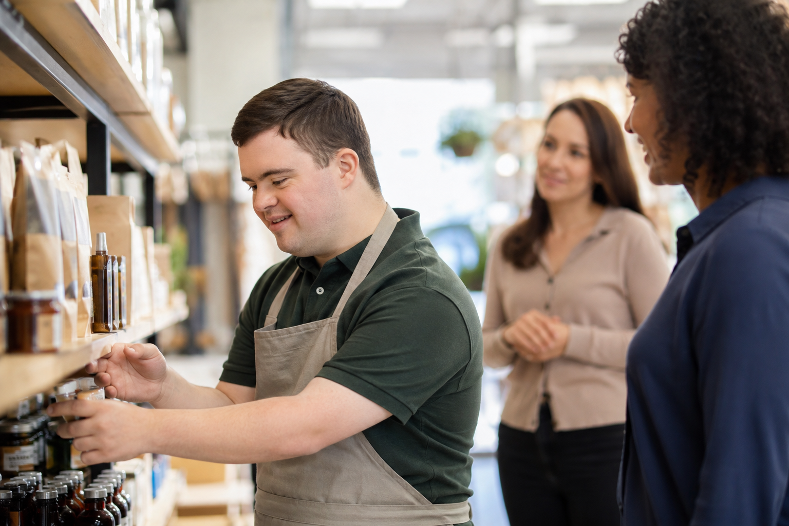 A young man stocking shelves at a local shop with support