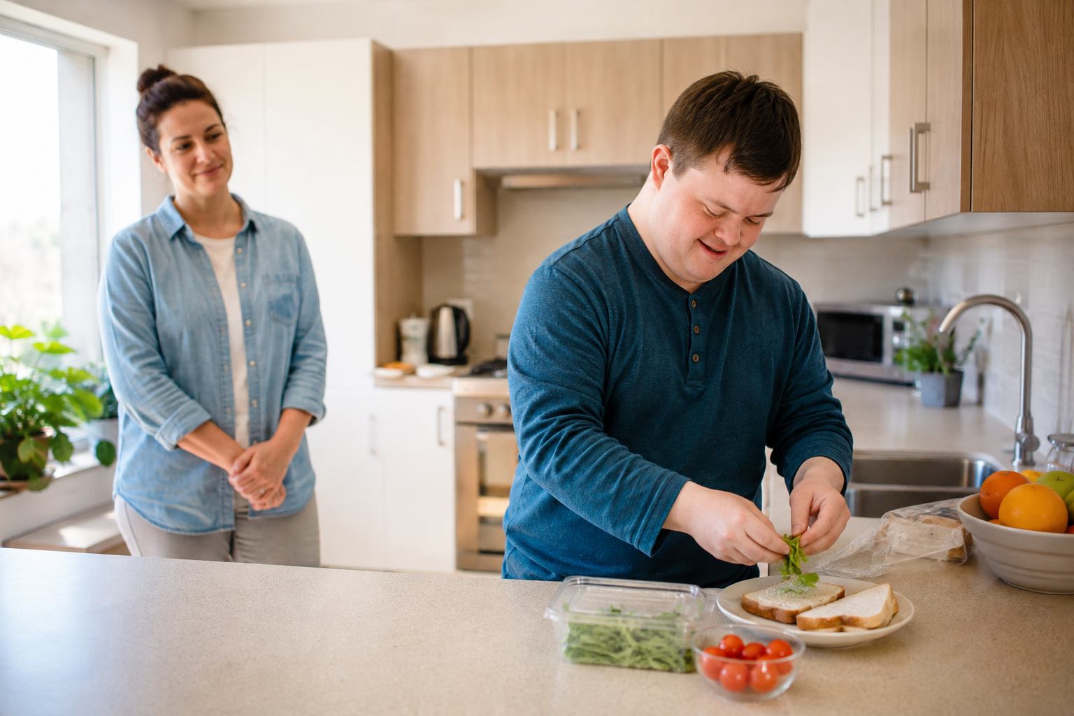 A young man preparing a sandwich in the kitchen with support nearby