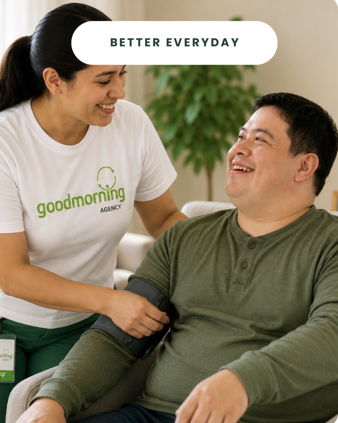 A Good Morning Agency staff member checking in with a smiling man at home