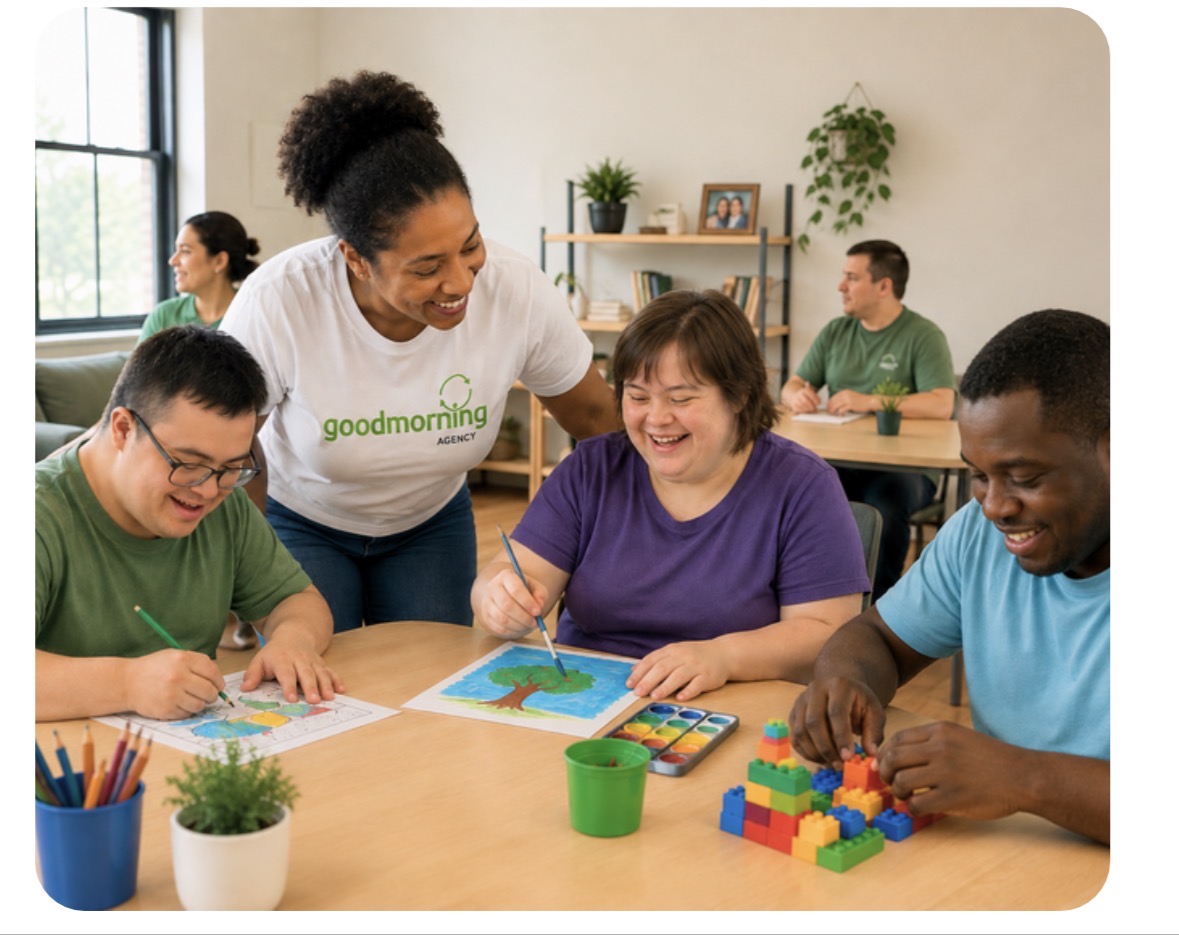 Adults painting and building together with a Good Morning Agency staff member at a day program