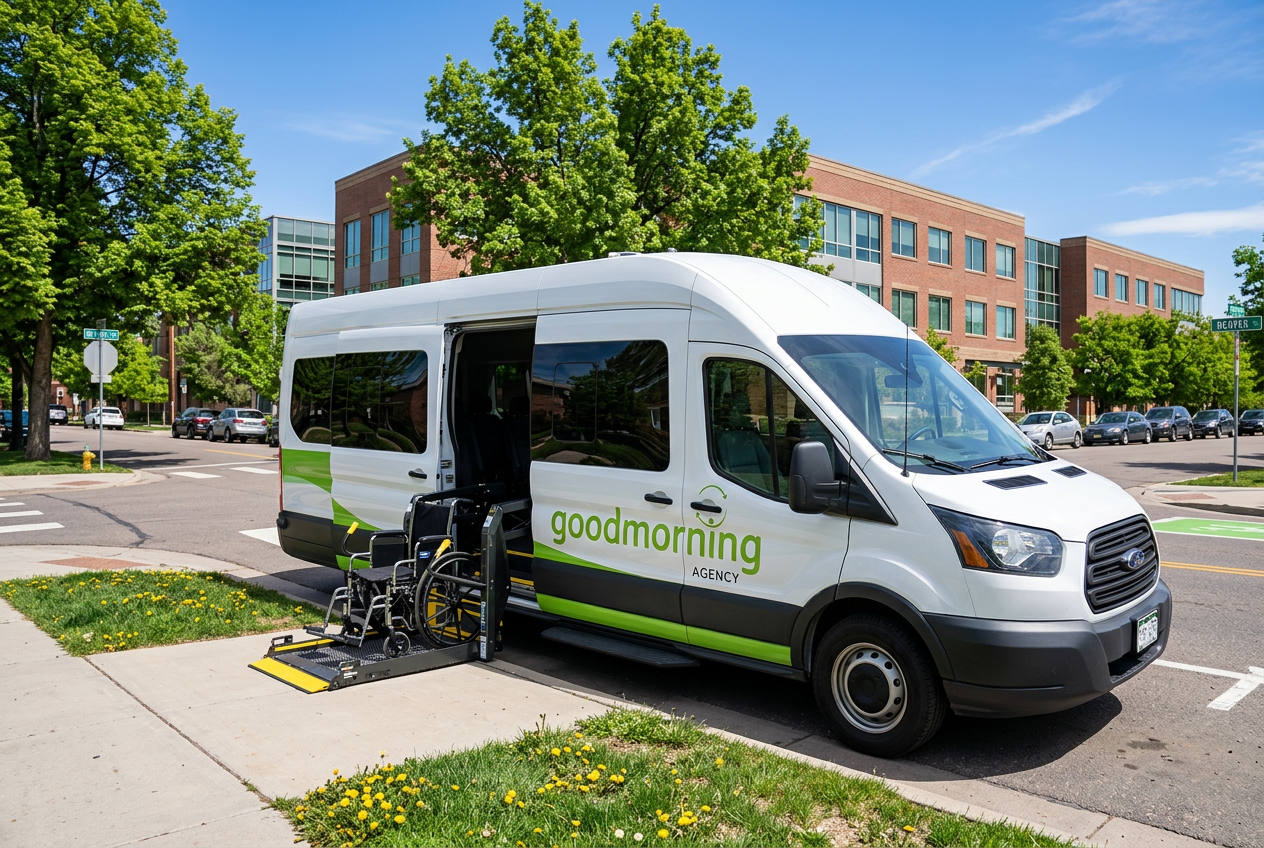 Good Morning Agency branded wheelchair-accessible transport van with a side lift
